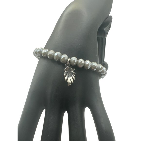 Gray Faceted Beaded Stretch Bracelet with Silver Tone Leaf Charm 8 inch - Picture 2 of 4